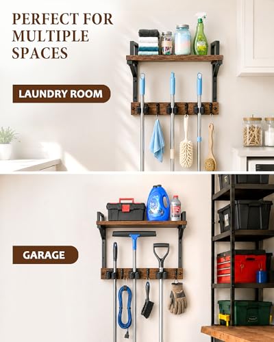 Lorbro Broom Holder Wall Mount with Cleaning Supplies Storage, Heavy Duty | 3 in 1 Broom and Mop Organizer Wall Hanging, Wooden Mop Organizer Hanger, Storage Shelves for Laundry Room, Garage - size: Medium
