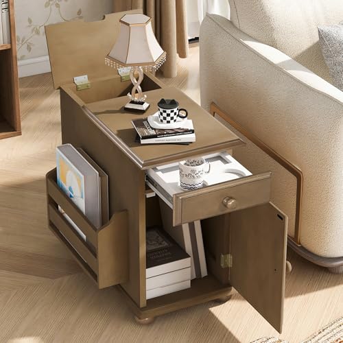 Multifunctional Vintage End Table Flip Top Side Table with USB Ports and 1 Drawer with Cup Holders, Sofa Side Narrow Table Nightstand with Bookshelf for Living Room Bedroom (Brown-5.8) - color: Brown-5.8