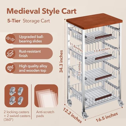 5-Tier Rolling Fruit & Vegetable Storage Cart with Drawers, Extra-Thick Metal Kitchen Organizer Cart on Wheels, Fruit Basket Stand& Fruteros para Cocina, Narrow Pantry Cart for Storage - size: 5-Tier Extra-Thick