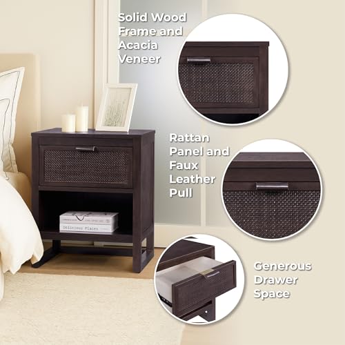 Teamson Home Hatteras 20" W Nightstand with 1 Deep Drawer and Open Shelf Storage in Coastal Modern Style, Ball Bearing Glides, Pine Wood Frames and MDF with Rattan, Espresso Finish | 1 Deep Drawer, Open Shelf Storage, Coastal Modern Style, Pine Wood & MDF