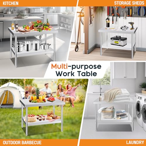 Jocisland 30" x 48" Stainless Steel Table for Prep & Work, Food-Grade Stainless Steel with Adjustable Under Shelf and Feet, for Commercial Kitchen, Restaurant, Hotel, Garage - size: 30x48 in, style: Table