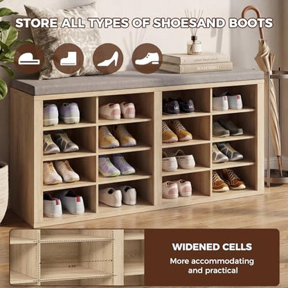 ITEFDTUTNE Shoe Rack Bench 40.94" Entryway Bench with Shoe Storage 16 Cubby Wood Shoe Organizer Bench with Removable Cushion for Hallway, Living Room, Bedroom and Garage - color: Natural Wood + Light Gray