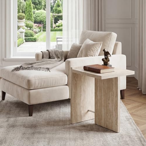 Hyfirm Modern Faux Travertine Side Table Small T-Shaped End Table | Space-Saving Accent Table with Travertine Finish Nightstand for Use Beside Sofa in Living Room Bedroom Apartments and Office - color: Beige