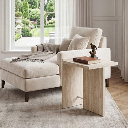Hyfirm Modern Faux Travertine Side Table Small T-Shaped End Table | Space-Saving Accent Table with Travertine Finish Nightstand for Use Beside Sofa in Living Room Bedroom Apartments and Office - color: Beige