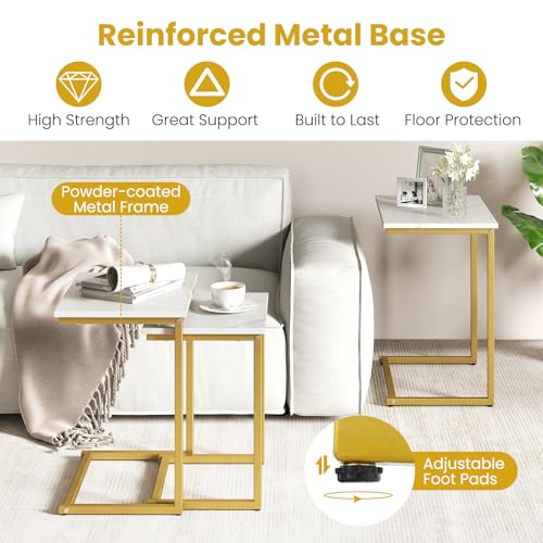 GOFLAME Nesting Coffee Tables Set of 3, Rectangular Nesting Center Table with Faux Marble Top & Metal Frame, Modern C-Shaped Nested Side Table Set for Living Room, Bedroom, Gold & White - color: Gold & White