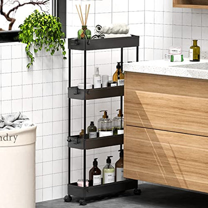 SPACEKEEPER Slim Rolling Storage Cart 4 Tier Bathroom Organizer Cart Mobile Shelving Unit Slide Out Utility Cart for Kitchen, Bthroom, Makeup, Craft, Laundry Narrow Places, Black - color: Black