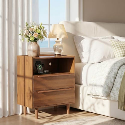26 Inch Tall Warm Walnut Nightstand with Charging Station, 2 Drawers | 24 inch wide, 16 inch deep design with raised-edge tray top, open shelf, hidden storage, and mid century appeal - color: Warm Walnut