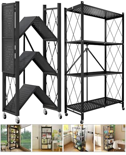 Kitchen Garage Metal Shelves, Storage Shelves Organizer, Foldable Metal Shelving, Closet Shelving Unit, 28" W x 14" D x 50" H Bakers Rack Microwave Stand, Plant Stand with Wheels (4-Tier Shelf) - color: 4-tier Shelf