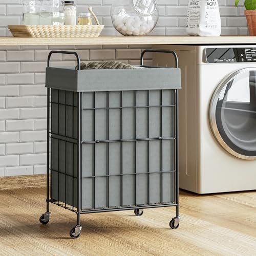 90L Laundry Hamper with Wheels, Laundry Basket with Handle and Liner Bag | Lockable Casters; Reinforced Frame; Breathable Fabric; Space-Efficient Design - color: Grey, size: 90L-1 Section