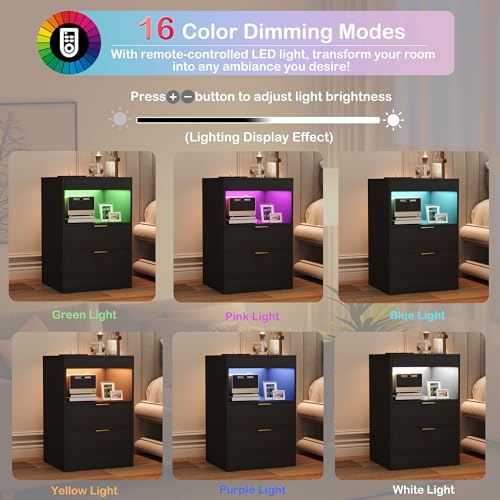 Yusong Night Stand, Black Nightstand, LED Nightstand with Charging Station, Modern Night Stand, Bedside Table, Wood Sofa Couch End Side Table with 2 Pull-Out Shelf - color: Black 001