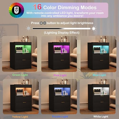 Yusong Night Stand, Black Nightstand, LED Nightstand with Charging Station, Modern Night Stand, Bedside Table, Wood Sofa Couch End Side Table with 2 Pull-Out Shelf - color: Black 001