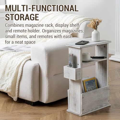 MyGift Wide Side Table, Slim End Sofa Table in Whitewashed Wood with Storage Shelf, Magazine and Remote Holder, Narrow Side Table - color: Whitewashed