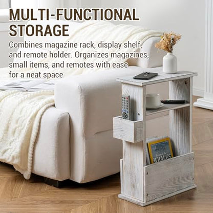 MyGift Wide Side Table, Slim End Sofa Table in Whitewashed Wood with Storage Shelf, Magazine and Remote Holder, Narrow Side Table - color: Whitewashed