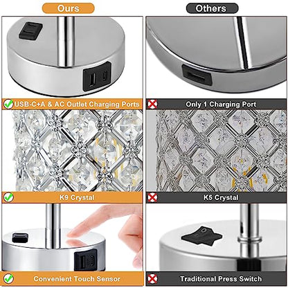 Hong-in Crystal Lamp Touch Control Set of 2, Sliver Crystal Table Lamps with USB C+A Ports & AC Outlet, 3-Way Dimmable Nightstand Touch Lamp, Modern Bedside Table Lamp for Bedroom(Bulbs Included) - color: A-Silver