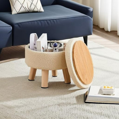Wimarsbon Storage Ottoman, Modern Round Footrest with Soft Padded Seat, Teddy Velvet Footstool with Wood Legs, Accent Small Table or Plant Stand for Hallway, Living Room (Off-White) - color: Off-white
