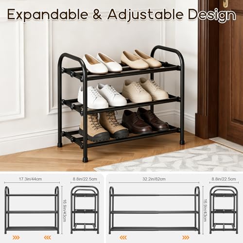 3-Tier Expandable Shoe Rack, Adjustable Shoe Shelf Storage Organizer Durable Metal Free Standing Shoe Rack for Entryway Closet Doorway (Black) - size: 3 Tier