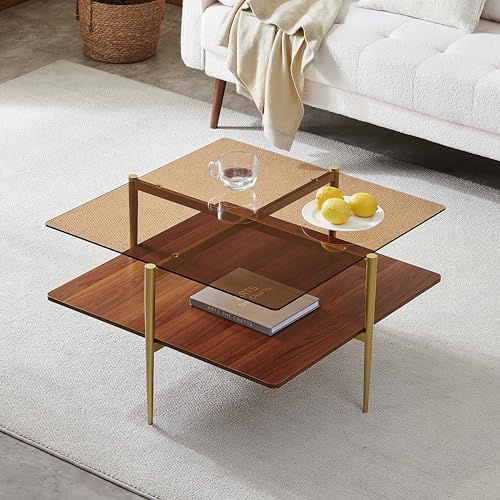 LumFurn Square Coffee Table, Mid-Century Modern Design, L30 x W30 x H17 Inch, for Living Room, 2-Tier Structure, Amber Glass Top and Walnut Wood Shelf, Sleek Conical Metal Legs with Gold Finish - color: Amber & Walnut, size: L30" Square Coffee Table