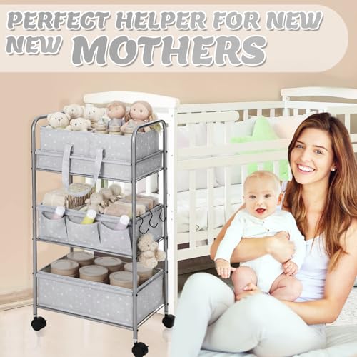 Yookeer 2in1 Baby Diaper Caddy Organizer Cart 3 Tier Large Capacity Metal Utility Bedside Rolling Cart with Divider Newborn Registry Gift Nursery Essential Must Have Bedroom Baby Shower(Gray,Star) - color: Gray, style: Star