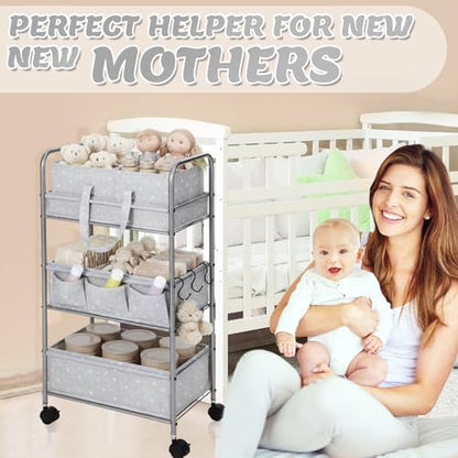 Yookeer 2in1 Baby Diaper Caddy Organizer Cart 3 Tier Large Capacity Metal Utility Bedside Rolling Cart with Divider Newborn Registry Gift Nursery Essential Must Have Bedroom Baby Shower(Gray,Star) - color: Gray, style: Star