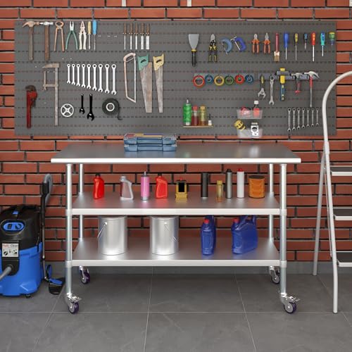 AmGood Stainless Steel Work Table with 2 Shelves and Casters | Metal Utility Table On Wheels (Stainless Steel Work Table with 2 Shelves + Casters, 60" Long x 24" Deep) - size: 60" Long x 24" Deep