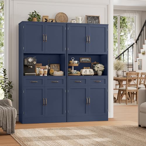 HOSTACK 71" Tall Kitchen Pantry Storage Cabinet, Wood Kitchen Hutch, Blue | Modern Pantry Cabinet with Microwave Stand, Hutch Cabinet with Countertop & Drawers, Storage Cabinet for Living Room - color: Blue + Bronze Handles