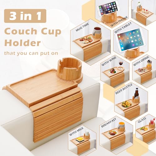 GHKINMAL Couch Cup Holder Tray, 3 in 1 Couch Arm Trays,Large Bamboo Chair Arm Rest Tray with 360° Cup Holder,Removable Anti-Slip Organizer for Snack Eating - color: Bamboo