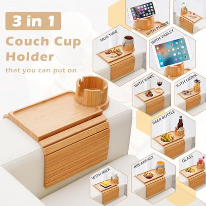 GHKINMAL Couch Cup Holder Tray, 3 in 1 Couch Arm Trays,Large Bamboo Chair Arm Rest Tray with 360° Cup Holder,Removable Anti-Slip Organizer for Snack Eating - color: Bamboo