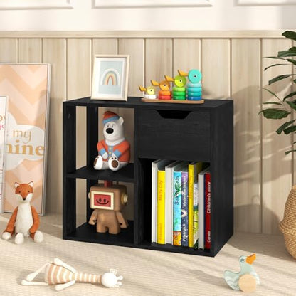 Giantex 3 Cube Bookcase with Drawer Set of 2, 2 Tier Bookshelf for Small Spaces, Modern Freestanding Display Rack with Open Shelves, Book Case, Wood Cube Storage Organizer Bedroom Living Room, Black - color: Black