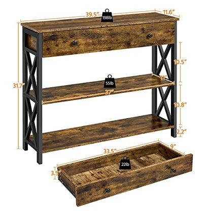 Topeakmart Wood Console Table with Drawer & Storage for Living Room, Industrial Console Table for Entryway, 3 Tier Sofa Table Hallway Table with Bookshelf, Rustic Brown - color: Rustic Brown, style: without Power Outlet