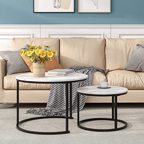 HOJINLINERO Round Coffee Table,Nesting Coffee Table Set of 2,Center Tables for Living Room,Office, Home Small Space,Stacking Side Tables,Sturdy and Easy Assembly,Wood Desktop,Black+White,Large - color: White, size: Large