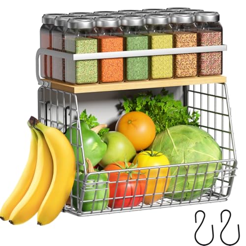 Magnetic Shelf for Fridge with Wood Lid, Fruit Potato and Onion Storage Bins, Pantry Organizers & Storage, Large Container Magnetic Spice Rack for Refrigerator, Kitchen Counter (Silver-gray, 1) - color: Silver-gray, size: 1-Small