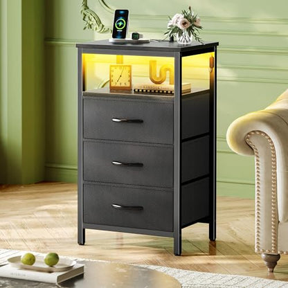 Huuger Night Stand with Charger Station and LED Lights, 3 Drawer Nightstand, Bed Side Table with Open Shelf, End Table, Tall Fabric Dresser for Bedroom, Black - color: Black, size: 11.8"D x 15.7"W x 27.6"H（3 Drawers）