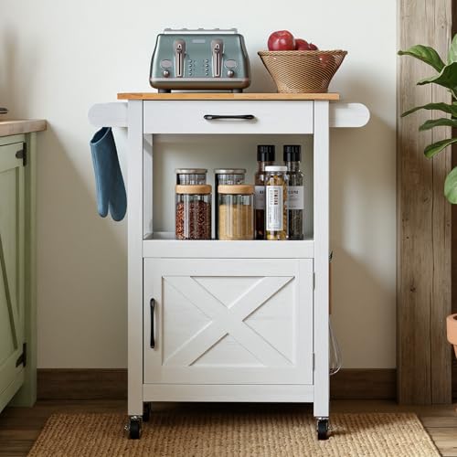 VINGLI Rolling Kitchen Island Cart with Storage Cabinet & Microwave Stand, Small Coffee Bar Cart on Wheels with Drawer, Towel Rack for Small Kitchen Apartment, White - color: White, size: 33"