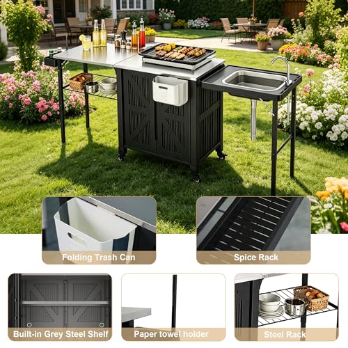 Outdoor Grill Cart with Storage Cabinet, 3-in-1 Movable Kitchen Island Cart, Outdoor Grill Cooking Station with Stainless Steel Countertop&Rolling Wheels&Folding Side Tables for Backyard Patio