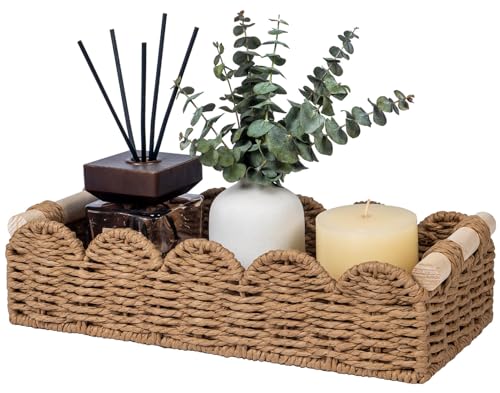 CubesLand Toilet Paper Storage Basket Organizer, Small Wicker Decor Basket | Toilet Tank Top Decorative Basket for Countertop, Handwoven Scalloped Basket W/Handle for Home Decor Living Room, Neutral - color: Neutral, size: s - 12.99 X 6.3 X 3.15in