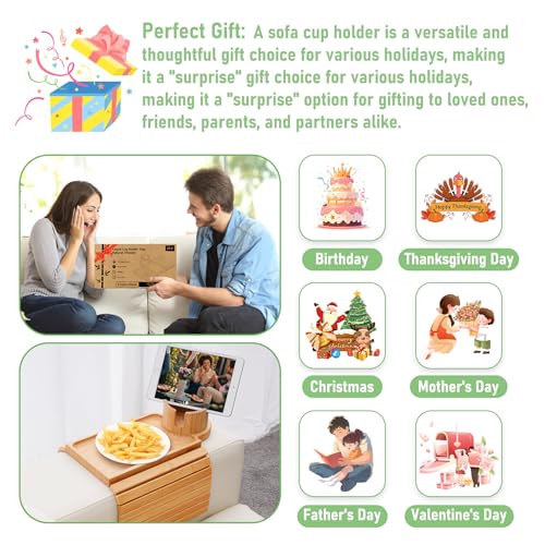 Couch Cup Holder Tray,Large Bamboo Couch Armrest Table with Cup Holder,Foldable Anti-Slip Sofa Arm Tray for Coffee Cup,Water Bottles,Mug,Snacks,Remote - color: Bamboo