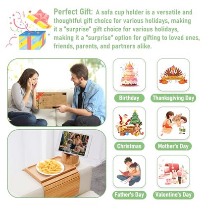 Couch Cup Holder Tray,Large Bamboo Couch Armrest Table with Cup Holder,Foldable Anti-Slip Sofa Arm Tray for Coffee Cup,Water Bottles,Mug,Snacks,Remote - color: Bamboo