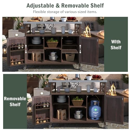 Merax 50" Outdoor Kitchen Grill Cart Island on Wheels with Stainless Steel Top,Farmhouse Style Solid Wood Frame Storage Cabinet for Backyard - color: Dark Brown