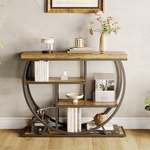 Garvee Entryway Table with Storage, Industrial 4-Tier Narrow Console Table Behind Couch with Half-Circle Base & Storage Shelves for Living Room, Hallway, Foyer - color: Rustic Brown