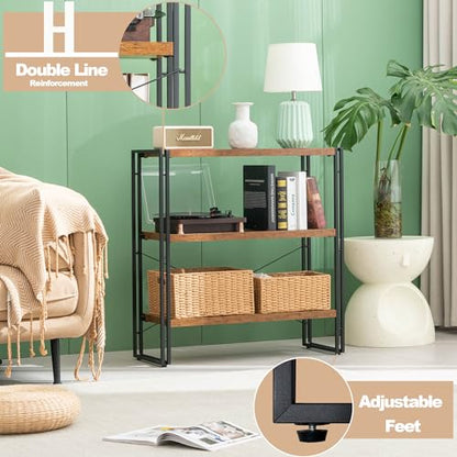 HCHQHS Bookshelf, 3-Tier Industrial Bookcase, Rustic Open Book Shelf, Freestanding Horizontal Bookshelves with Metal Frame - color: Rustic Brown, size: 3-Tier (31.5"W x 33.5"H)
