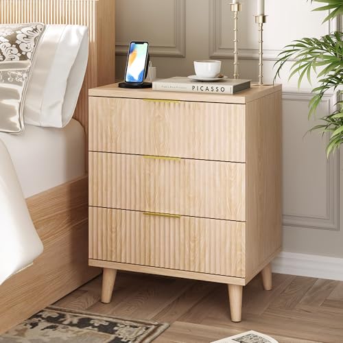 Fluted Night Stand, 20 inch Modern Nightstand with Charging Station Wood Bedside End Table with 3 Large Storage Drawers, Tall Side Table for Bedroom Sofa Office, Oak Natural - color: Oak Natural, size: 1pcs