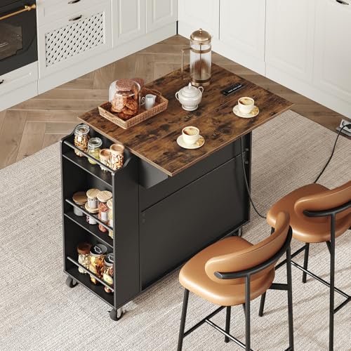 RALGEND Kitchen Island with Power Outlets & Drop Leaf, Rolling Kitchen Cart on Wheels, Kitchen Storage Island with Spice Rack and Drawer for Kitchen, Dinning Room, Black and Rustic Brown - color: Black + Rustic Brown