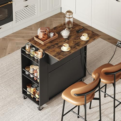 RALGEND Kitchen Island with Power Outlets & Drop Leaf, Rolling Kitchen Cart on Wheels, Kitchen Storage Island with Spice Rack and Drawer for Kitchen, Dinning Room, Black and Rustic Brown - color: Black + Rustic Brown