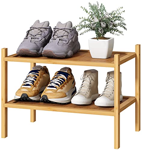 kiplant Small Shoe Rack, 2-Tier Bamboo Wood Shoe Rack for Entryway, Stackable Shoe Organizer for Hallway Closet, Free Standing Shoe Racks for Indoor & Outdoor - color: Natural, size: 2-Tier_Small