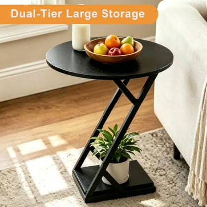 20In Round Side Table, 2-Tier Black End Table with Z-Shaped Metal Frame, Wood Grain Small Round Accent Table with Storage Shelf, Modern Sofa Side Table Nightstand for Living Room Bedroom - color: Black-z