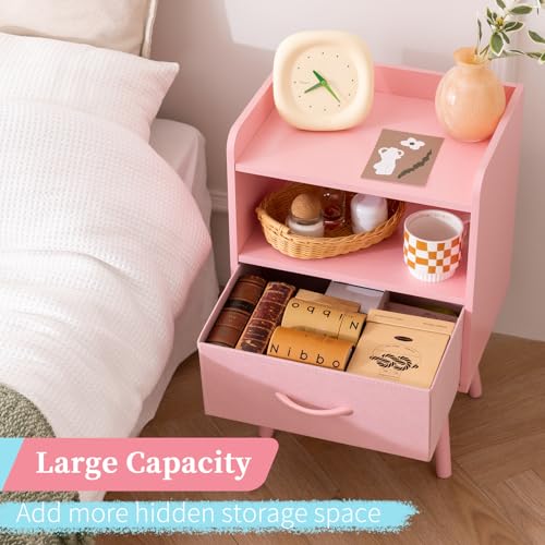Yoobure Night Stand with Fabric Drawer, Modern Nightstand, Bedside Tables, Mid Century Nightstands with Open Storage Shelf, Wood Bedside Table, Small Night Stands for Bedrooms, 2-Tier Night Table - color: Pink