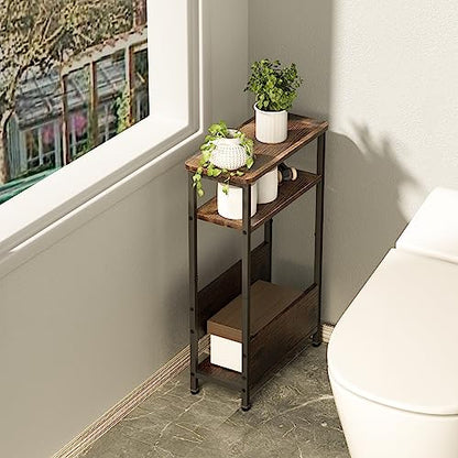 THUMEYE 7.1" Narrow Side Table for Small Spaces, 3 Tier Small End Table with Magazine Holder, Slim/Skinny Nightstand/Bedside Table for Living Room, Bedroom, 15.4" L x 24.2" H - color: Rustic Brown