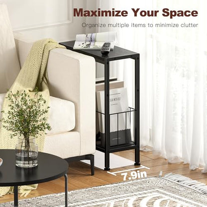 Narrow Side Table, Skinny End Tables with Magazine Holder, Small Sofa Table for Small Spaces, Space-Saving Design, Slim Nightstand Bedside Table for Living Room, Bedroom, Office, Black - color: Black