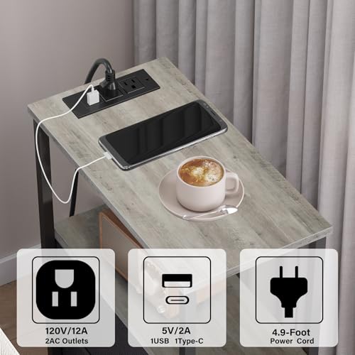 TUTOTAK Small Narrow LED End Table with Charging Station, Side Table Outlets, Nightstand with 2 Cloth Drawers, Set of 2, Couch Table, for Living Room, Bedroom, Bedside, Greige TB01BG056 - color: Greige, style: 2 Drawers with Plug & Light