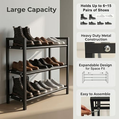 Expandable 3-Tier Metal Shoe Rack, Black Freestanding Storage Organizer | Telescopic, Adjustable, 60 lbs total load, Rust-proof metal, Quick Assembly for entryway closet Small Spaces - size: 3 Tier